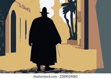 Tel Aviv street with a silhouette of an orthodox jew in traditional clothes. Abstract vector image.