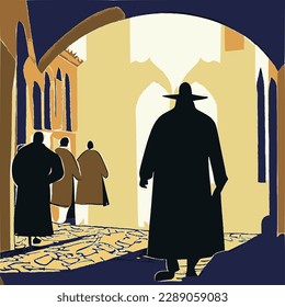 Tel Aviv street with a silhouette of an orthodox jew in traditional clothes. Abstract vector image.