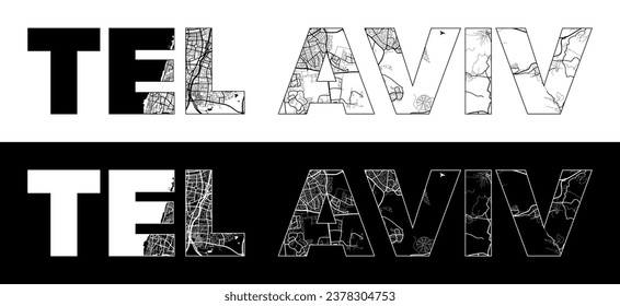 Tel Aviv-Jaffa City Name (Israel, Asia) with black white city map illustration vector