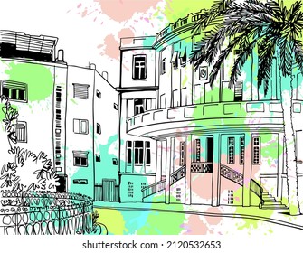 Plaza vieja de Tel Aviv. Israel. Ciudad Blanca, al estilo Bauhaus. Ilustración vectorial colorida en estilo dibujado a mano. Esbozo de paisaje urbano. Pintura de línea. Dibujo de tinta sobre fondo salpicado. Sin gente.