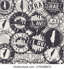 Tel Aviv-Yafo, Israel Set of Stamps. Travel Passport Stamps Pattern. Made In Product. Design Seals in Old Style Insignia Seamless. Icon Clip Art Vector Collection.