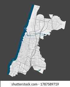 Mapa de Tel Aviv-Yafo. Mapa vectorial detallado del área administrativa de la ciudad de Tel Aviv-Yafo. Afiche con calles y agua sobre fondo gris.