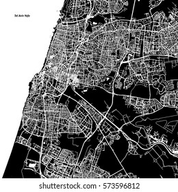 Tel Aviv-Yafo Vector Map, Artprint. Black Landmass, White Water and Roads.