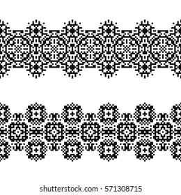Tel kirma stripes. Set of 2 seamless borders in american indian style. Embroidery dotted schemes. Pixel navajo backgrounds. Textile geo prints. Beading chevron design. Tattoo belt