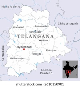 Telangana district map is an Indian state showing its districts and neighbouring states