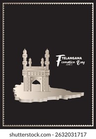 Telangana Formation Day 2 June landmark on 3d map vector poster