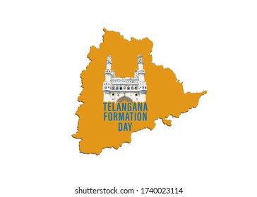 Telangana Formation day June 2nd with map on Indian map showing charminar