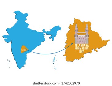Telangana Formation day June 2nd with map on Indian map showing Charminar