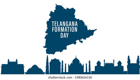 Telangana Formation day June 2nd with map on Indian map showing charminar