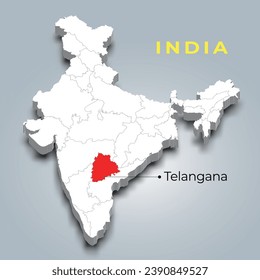 Telangana map location in Indian 3d isometric map. Telangana map vector illustration