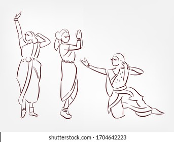 Telangana state India ethnic indian woman girl dance traditional sketch isolated design element
