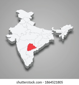 Telangana state location within India 3d isometric map