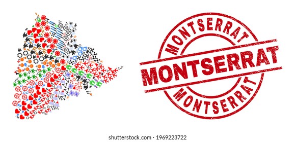 Telangana State map collage and scratched Montserrat red round seal. Montserrat seal uses vector lines and arcs. Telangana State map collage contains helmets, houses, screwdrivers, bugs, stars,
