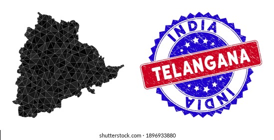 Telangana State map polygonal mesh with filled triangles, and scratched bicolor stamp seal. Triangle mosaic Telangana State map with mesh vector model, triangles have different sizes, and positions,