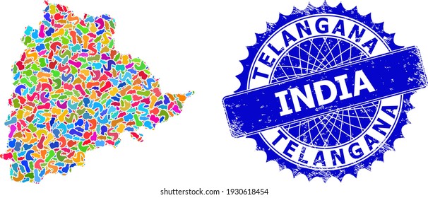 Telangana State Map Vektorbild. Splash Mosaik und gekratzte Stempeldichtung für Telangana State Map. Sharp rosette blauen Stempel mit dem Tag für Telangana State Map.
