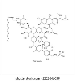 Telavancin flat skeletal molecular structure Lipoglycopeptide antibiotic drug used in bacterial infection treatment. Vector illustration.