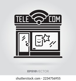 Telco store glyph icon. Cute little telecommunications equipment storefront symbol. Solid black EPS 10 vector shop building.