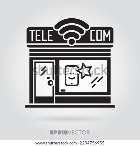 Telco store glyph icon. Cute little telecommunications equipment storefront symbol. Solid black EPS 10 vector shop building.