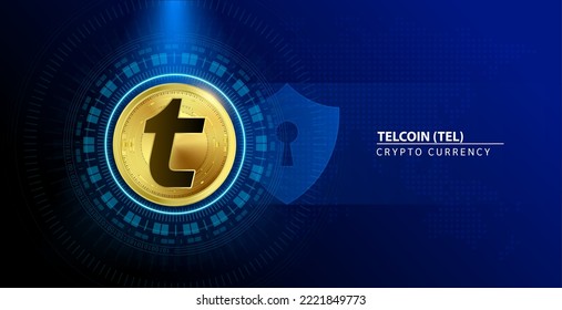 Telcoin (TEL) coin gold. Cryptocurrency blockchain. Future digital (crypto currency) currency replacement technology concept. On blue background. 3D Vector illustration.