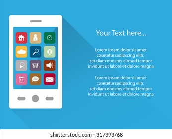 tele communication background with white smart phone and app icons on touchscreen, flat design