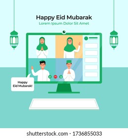 Tele conference for eid fitr mubarak celebration during physical distancing covid pandemic. Group muslim people video call vector illustration