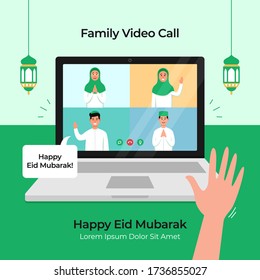 Tele conference family for eid fitr mubarak celebration during physical distancing covid pandemic. Group muslim people video call vector illustration