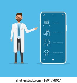 Tele Consultation with Prevention and Safety Coronavirus. Online Concept with Doctor and Mobile Application Technology.