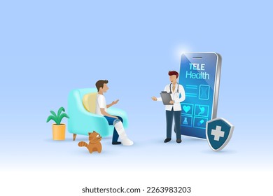 Tele health, online doctor consultation technology. Virtual doctor in medical mobile app give broken leg patient advise in health problem. Medical and health care service innovation technology. Vector