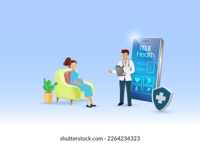 Tele health, online doctor consultation technology. Virtual doctor in medical mobile app give advise to pregnant woman in health problem. Medical and health care service. Vector.