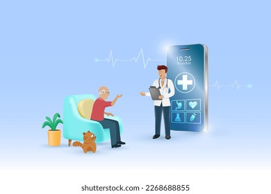 Tele health for senior, online doctor consultation technology. Virtual doctor in medical mobile app give advise to elderly man on health problem. Medical and health care service. Vector.