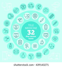 Tele Medicine Icon Set. Telemedicine And Telehealth Vector Thin Line Icons.  Isolated Elements For Web, Internet, Publish Medical Infographic, Presentations, Brochures And Social Networks.