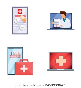 Tele medicine icons set cartoon vector. Virtual doctor treatment. Telemedicine and healthcare concept