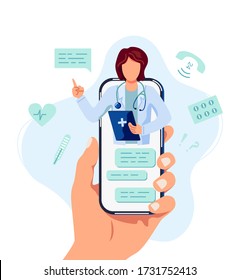 Tele medicine, online doctor and medical consultation concept. Female doctor helps a patient on a mobile phone. Flat cartoon style vector illustration.