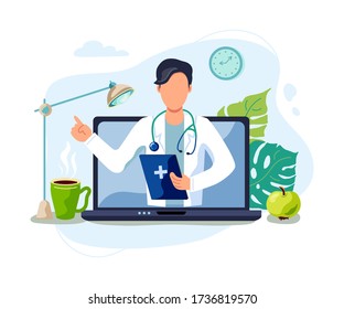 Tele medicine, online doctor and medical consultation concept. Doctor helps a patient on a laptop. Flat cartoon style vector illustration.