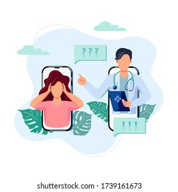 Tele medicine, online doctor and medical consultation concept. Doctor helps a patient on a mobile phone. Flat cartoon style vector illustration.