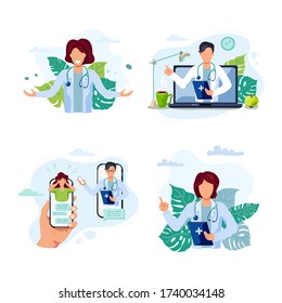 Tele medicine, online doctor and medical consultation concept. Smiling doctor opens his hands. Doctor helps a patient on a laptop. Flat cartoon style vector illustration set.