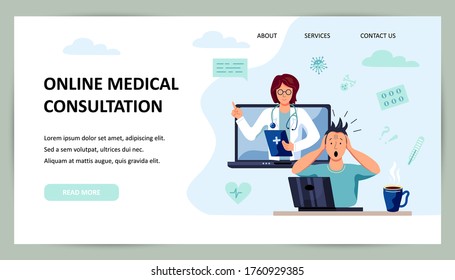 Tele medicine, online doctor and medical consultation concept. Doctor helps a patient on a laptop. Place for text. Flat cartoon style vector illustration.