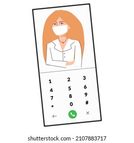 Tele medicine, online doctor and medical consultation concept. Female doctor helps a patient on a mobile phone. Flat cartoon style vector illustration.