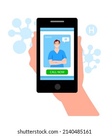 Tele medicine, online doctor and medical consultation concept. Male doctor helps a patient on a mobile phone. Flat cartoon style vector illustration. Smartphone screen web site.