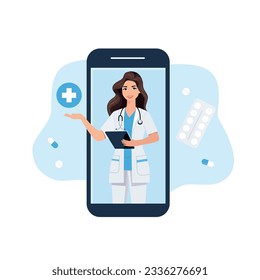 Tele medicine, online doctor and medical consultation concept. Doctor helps a patient on a mobile phone. Flat cartoon style vector illustration