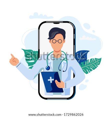 Tele medicine, online doctor and medical consultation concept. Doctor helps a patient on a mobile phone. Flat cartoon style vector illustration.