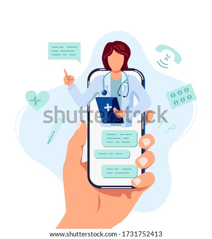 Tele medicine, online doctor and medical consultation concept. Female doctor helps a patient on a mobile phone. Flat cartoon style vector illustration.