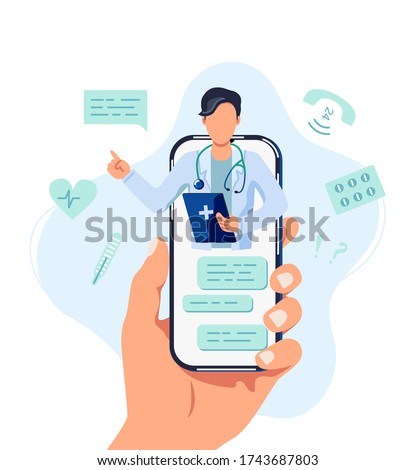 Tele medicine, online doctor and medical consultation concept. Doctor helps a patient on a mobile phone. Flat cartoon style vector illustration.