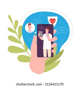 Tele medicine. Online mobile phone medical app telehealth for patient, virtual doctor in smartphone, medic advice on video call appointment phonemedic, splendid vector illustration