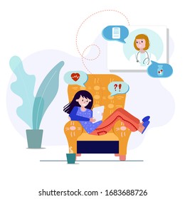 Tele medicine with Therapist. Virtual doctor meeting for therapy, diagnose, pills. Online consultation with your doctor. Stay at home during quarantine. Health care medicine vector illustration. 