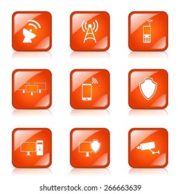 Telecom Communication Square Vector Orange Icon Design Set