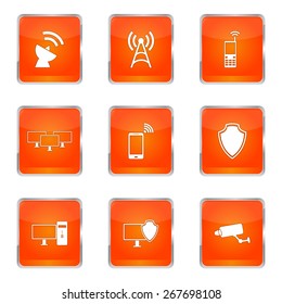 Telecom Communication Square Vector Orange Icon Design Set