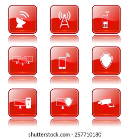 Telecom Communication Square Vector Red Icon Design Set