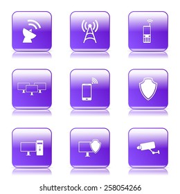 Telecom Communication Square Vector Violet Icon Design Set