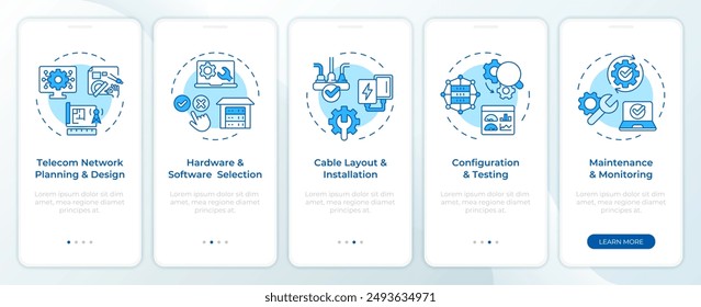 Telecom network installation blue onboarding mobile app screen. Walkthrough 5 steps editable graphic instructions with linear concepts. UI, UX, GUI template